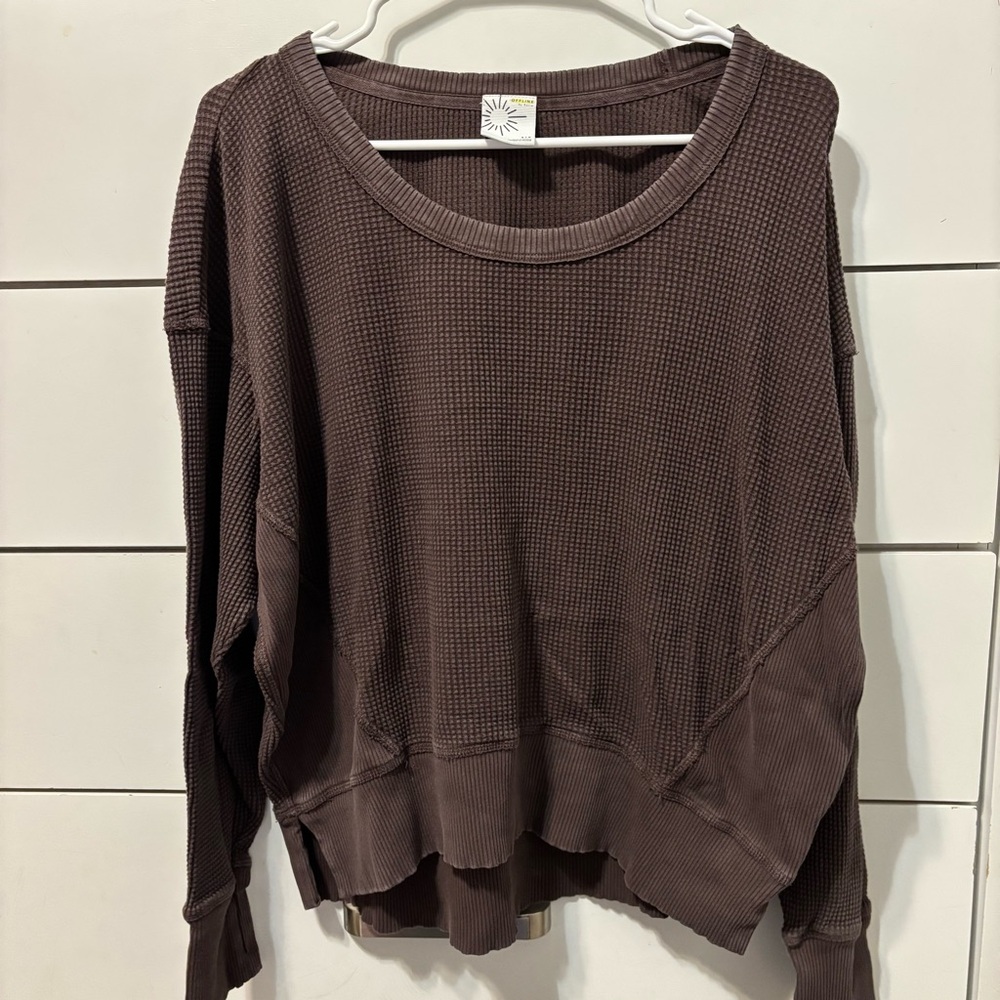 Aerie Wow Waffle Long Sleeve Thermal Shirt Brown - Picture 2 of 5